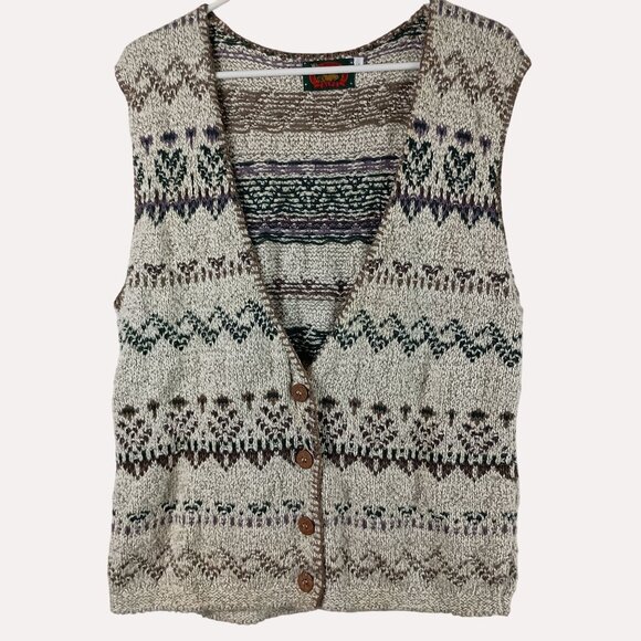 Vintage Knit Sweater Vest Womens L Beige Fair Isle Grandpacore Cottagecore 90s - Picture 1 of 8